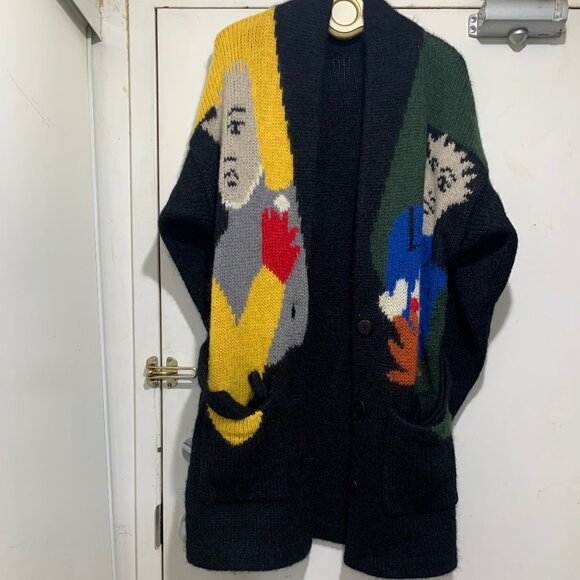 VINTAGE GRAPHIC KNIT BELTED WOOL SWEATER CARDIGANS SIZE XL - Picture 6 of 16